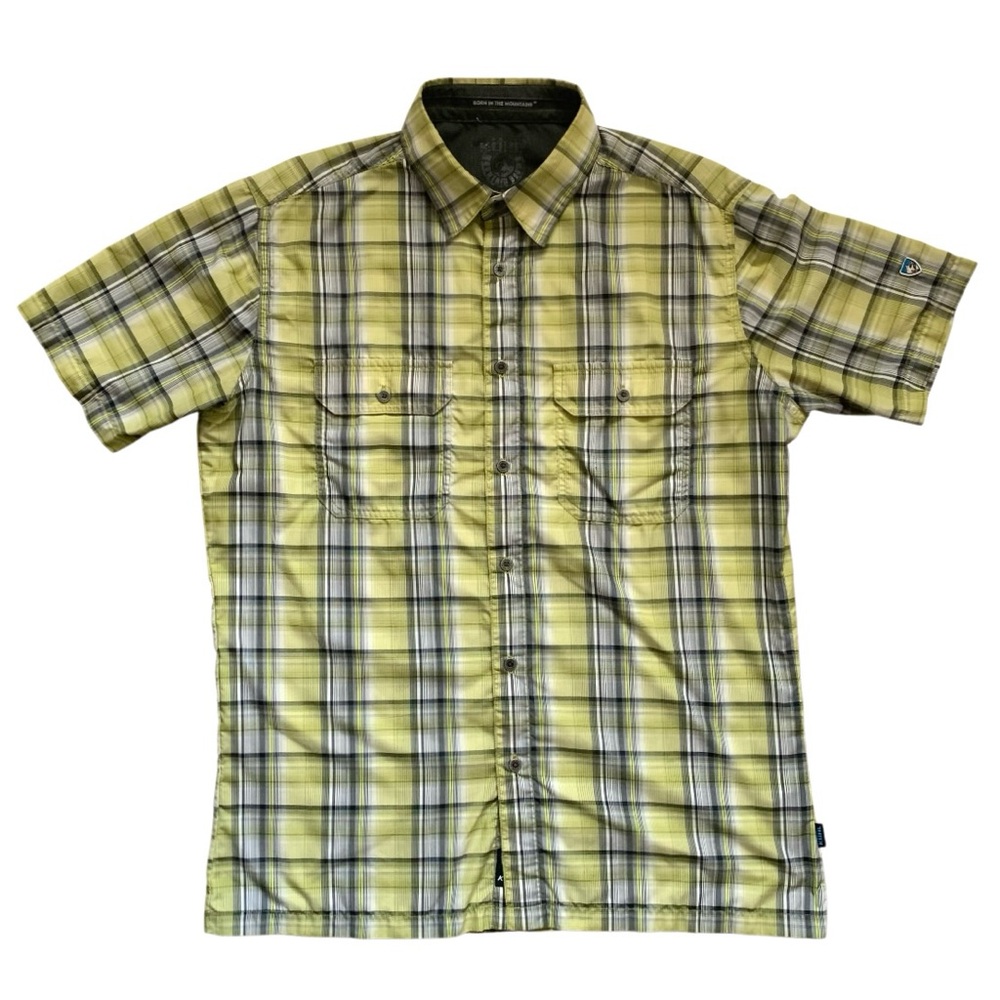 Kuhl Eluxur Plaid Short Sleeve Shirt Yellow Gray Medium
